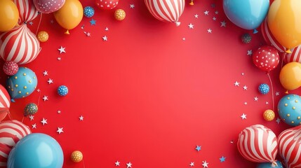 Celebrate World Circus Day with this festive banner featuring clowns, balloons, and circus tents on a vibrant red background. Top view with copy space for your message.