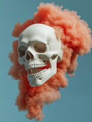 A white skull emerges from a swirling cloud of pink smoke, representing the ephemeral nature of life, the mystery of death, and the power of transformation.