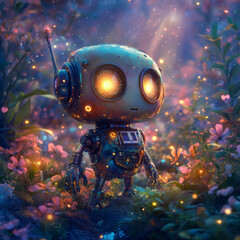 Cute little robot, flowers and light, beautiffu baby face style, colorful sequins, another world, more random details, another planet, bright starry sky, alien vegetation, oil rendering