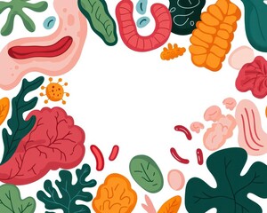 Colorful cartoon of gut with probiotics creating harmony, enhancing digestion and immune function