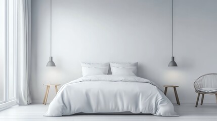 A minimalistic bedroom featuring a cozy white bed, elegant lighting, and soft textures, perfect for modern interior design.