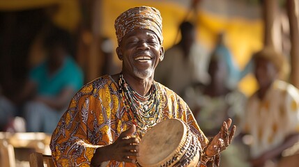 African Man Playing Traditional Drum With Joyful Expression