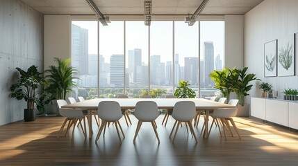 Fototapeta premium A modern conference room with a large table, elegant chairs, and panoramic city views, perfect for meetings and presentations.