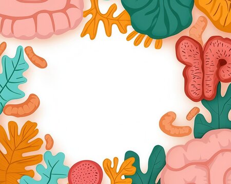 Colorful cartoon of gut with probiotics creating harmony, enhancing digestion and immune function