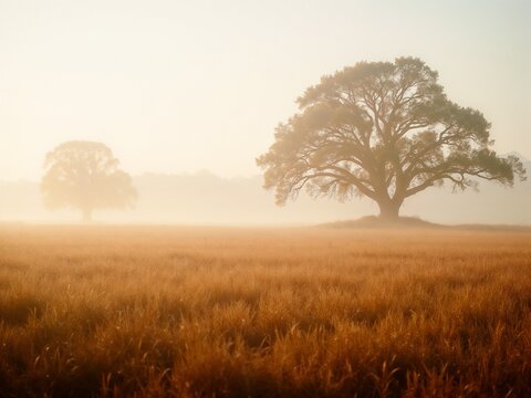Two majestic trees stand alone in a vast, misty field bathed in the golden light of dawn, representing solitude, timeless beauty, and the quiet strength of nature.
