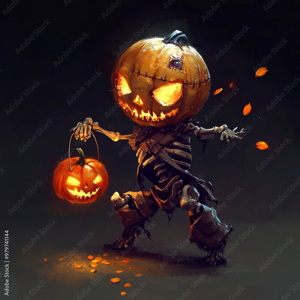 Sticker jack-o'-lantern skeleton holding a pumpkin