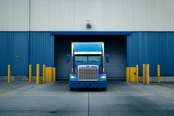Front View of Blue Semi Truck in Warehouse. A blue truck parked in front of a warehouse. Suitable for logistics or transportation themes, business promotions, and industrial event designs.