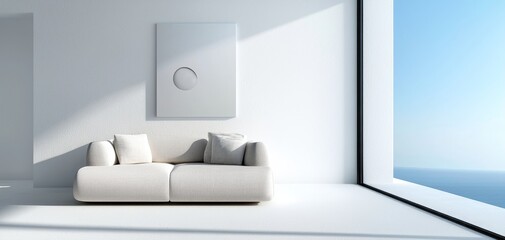 A minimalist living room featuring a neutral-toned sofa, abstract art, and floor-to-ceiling windows, creating a bright and airy space with a modern touch