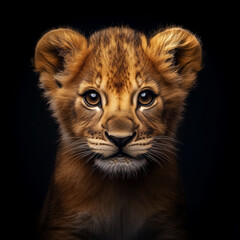 Nikon photo of a baby lion, rim lighting against a dark background, detailed photorealism