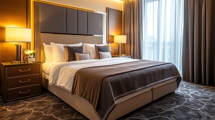 Elegant bedroom featuring a comfortable bed, stylish decor, and soft lighting, perfect for relaxation and comfort.