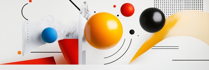 Obraz premium Abstract geometric collage art with vibrant colors and shapes, featuring spheres, lines, and patterns, symbolizing creativity, design, modern art, geometry, and abstract expressionism.