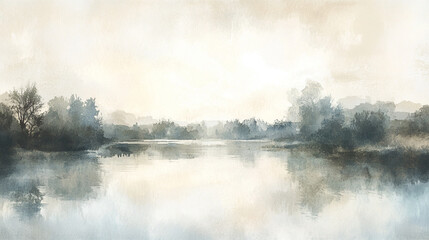 Fototapeta premium watercolor of a peaceful river in muted beige, gray, and blue