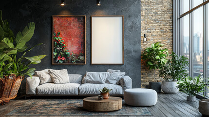 Modern living room with a white couch, plants, and framed artwork.