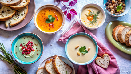 Creamy homemade soup in colorful bowls with fresh herbs, served with slices of bread. delightful flat lay showcasing variety of flavors and textures