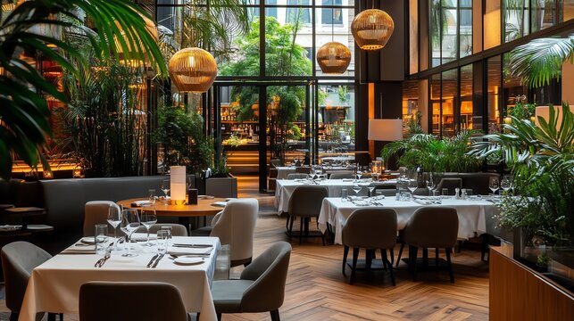 Elegant restaurant interior with lush plants, modern decor, and inviting ambiance for a perfect dining experience.