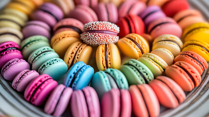A plate of colorful macarons, each arranged in a circular pattern, creating a kaleidoscope of colors and textures