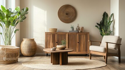 Stylish living room design featuring wooden furniture, indoor plants, and a cozy atmosphere for relaxation.