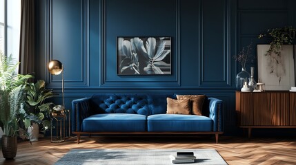 Stylish interior showcasing a blue velvet sofa against a deep blue wall, accented by modern decor and natural greenery.