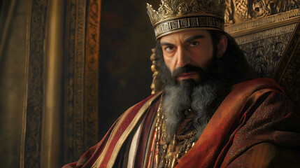 Obraz premium Young King Solomon on his throne, contemplating very important matters, one of the most successful kings of Israel from the Bible.