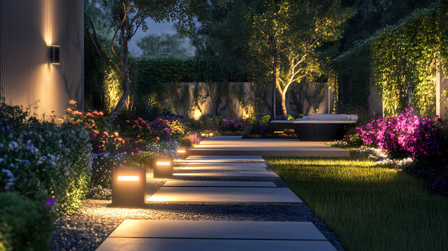 Modern landscaping design with illuminated pathway and ambient lighting in residential garden night scene. Ambient Lighting. Illustration