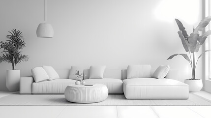 Modern minimalist sofa in sleek monochromatic living room interior inviting comfort and contemporary style 3d rendering. Monochromatic. Illustration