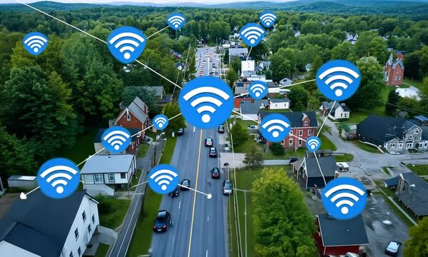 High above a small town, numerous Wi-Fi signals dominate the skyline as vehicles travel along the main road. The vibrant community is connected through digital networks