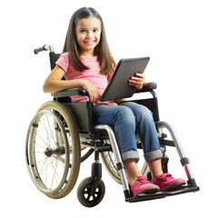 Smiling girl sitting in a wheelchair holding a tablet on a black background, child with assistive technology.