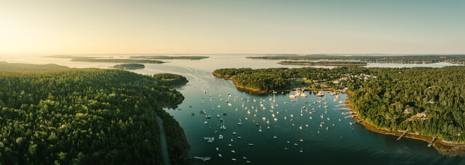 Panoramic drone shot of sunrise in Northeast Harbor, Main near Bar Harbor on Mount Desert Island