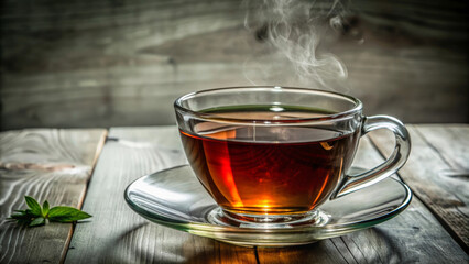 A steaming cup of tea sits elegantly on glass saucer, exuding warmth and comfort. rich amber liquid is surrounded by rustic wooden backdrop, enhancing its inviting appeal