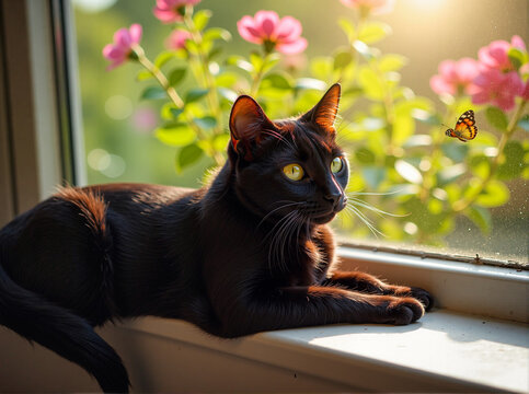 A charming chocolate-colored cat with piercing yellow eyes sits by a window, intently watching a butterfly, with vibrant pink flowers in the background, bathed in sunlight.