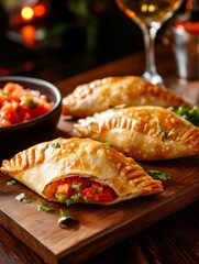 Delicious Golden Brown Empanadas Served on a Wooden Board, a savory pastry filled with meat, cheese, or vegetables and often served with salsa.  These empanadas are perfect for a snack, appetizer, or 