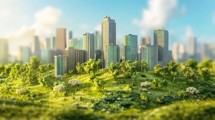 Obraz premium Green Infrastructure Supporting Financial Growth - Cityscape with lush greenery symbolizing sustainable urban development, environmental responsibility, and economic prosperity.