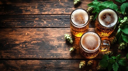 HAPPY National Beer Day banner template. Flat lay composition with beer mugs, hops, and barley on rustic wooden background. Top view with copy space