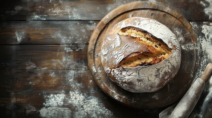 Rustic Artisan Bread on Wooden Board with Flour Dusting - Freshly Baked Loaf with Crusty Texture and Golden Brown Crust in Cozy Kitchen Setting