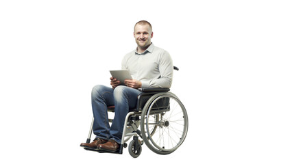 Fototapeta premium Smiling man in a wheelchair working on a laptop on a black background, adult using assistive technology.
