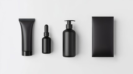 Minimalist black cosmetic bottles mockup set, ideal for showcasing product branding and design. Featuring a tube, bottle, dropper and package.