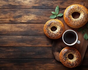 Celebrate National Bagel Day with this festive banner featuring a flat lay of bagels, cream cheese, and coffee on a wooden background. Top view with space for text.