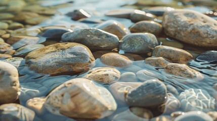 smooth river rocks shining in the water generative ai