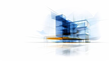 Fototapeta premium Modern Architectural Sketch of a Glass Building with a Glass Facade. This abstract design is sleek, minimalist, and elegant. The building is characterized by geometric shapes, clean lines, and a foc