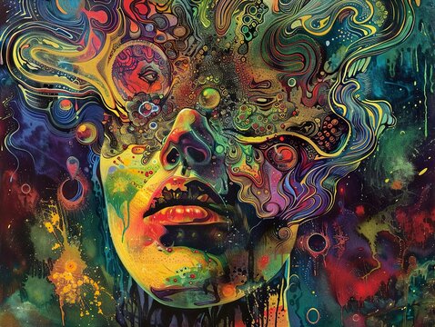 Abstract psychedelic portrait with vibrant colors and swirling patterns.