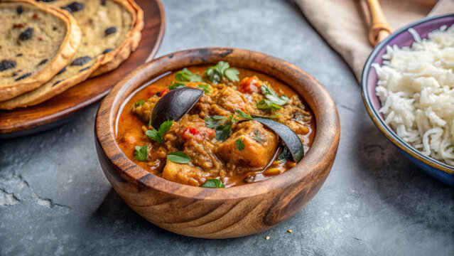 Delicious baigan bharta, also called vangyache bharit, served in wooden bowl with fresh herbs, accompanied by rice and cookies, creating warm and inviting meal experience
