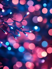 Pink and blue Christmas lights bokeh, a festive and magical background with lights and bokeh effect.