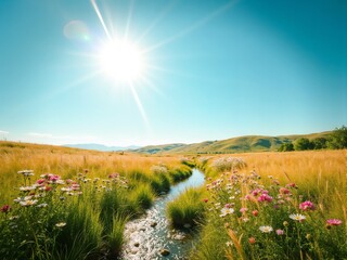 A beautiful meadow bathed in sunlight with a gently flowing creek surrounded by colorful wildflowers, conveying peace and the beauty of nature in full bloom.