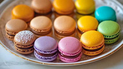 Obraz premium A plate of colorful macarons, each arranged in a circular pattern, creating a kaleidoscope of colors and textures