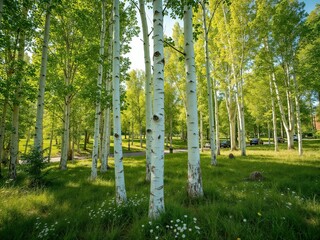 Obraz premium A serene birch forest during summer, with tall white trunks and lush green grass, capturing the essence of calm and natural beauty. Cars are parked in the background.