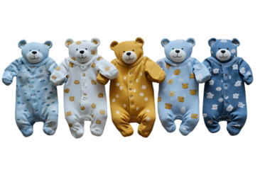 a row of baby clothes. 