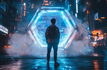 abstract hexagon-shaped portal that opens into another world and universe