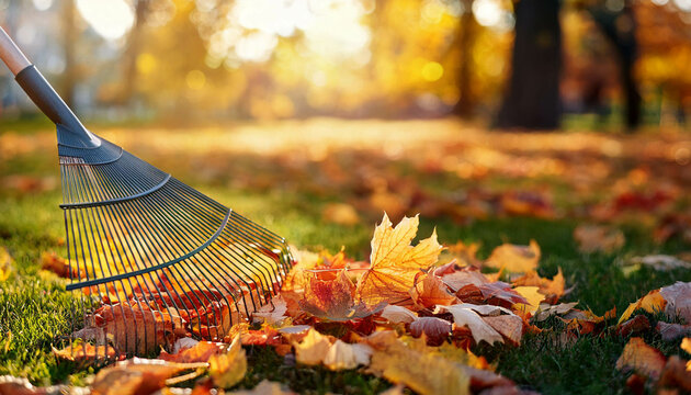 Collection of fallen leaves. Raking autumn leaves from the lawn on the lawn in the autumn park. Using a rake to clear fallen leaves. The concept of volunteering, seasonal gardening.