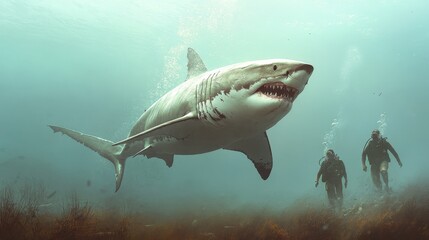 Naklejka premium Three scuba divers encounter a great white shark while exploring the underwater world, symbolizing the thrill, danger, and beauty of the ocean.
