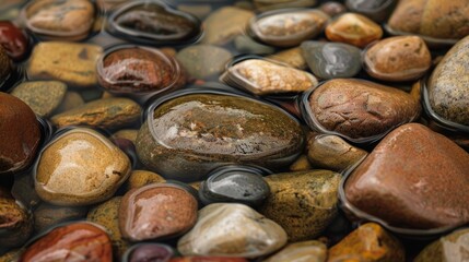 smooth river rocks shining in the water generative ai